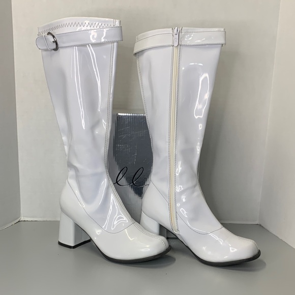 Ellie Shoes - Ellie White Patent Mid-Calf Block Heel Boots with Ankle Strap Size 10